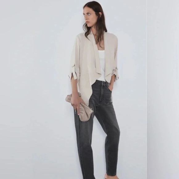 Zara Open Front Drawstring Waterfall Blazer Jacket in Beige size XS - Picture 5 of 16